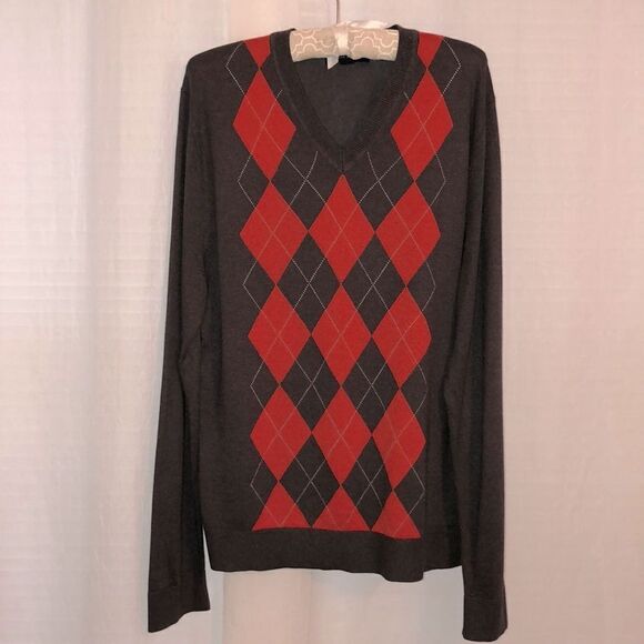 BR L Silk Cotton Cashmere Gray Orange V Neck Pullover Diamond Shapes Sweater